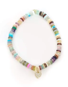 Pave Diamond Heart Charm on Multi Opal Bracelet