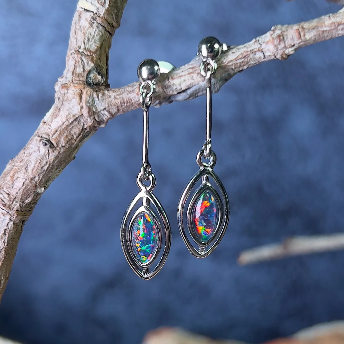 Sterling Silver dangling marquise shape Opal triplets earrings